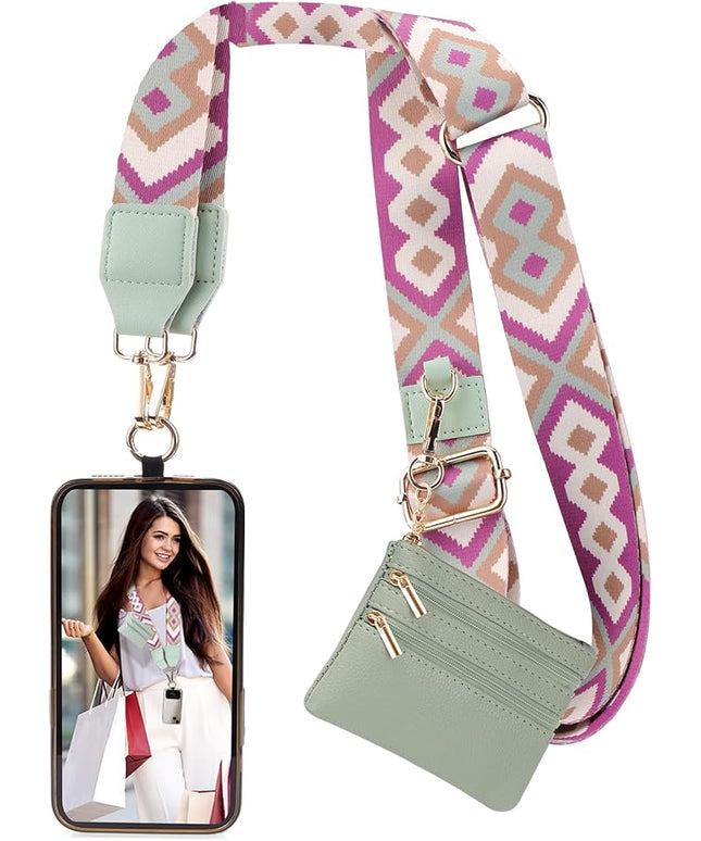 XANGNIER Clip and Go Strap for Phone with Wallet Crossbody, Phone Strap with Zippered Wallet, Adjustable Anti Theft Cellphone Lanyard for Women, Cellphone Chain Accessories Green