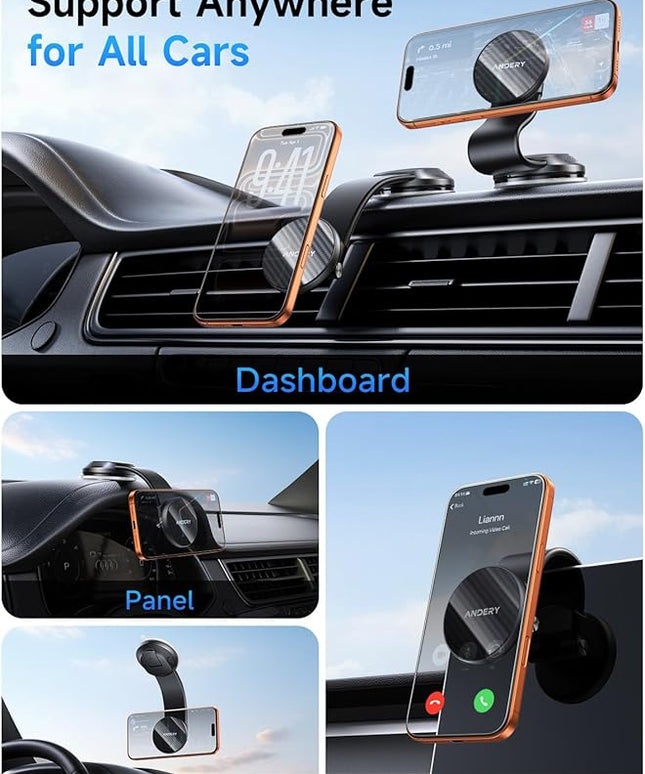 Car Phone Holder for MagSafe [360° Adjustable Memory Alloy Arm | 2400gf Strongest Magnetic Power] Bendable Car Mount, Phone Holders for Your Car for iPhone 17-12 & All Smartphones, with Dashboard Pad