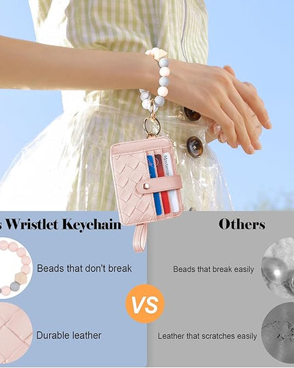 Keychain Wallet with Bracelet RFID Blocking Wristlet Credit Purse Card Holder, Silicone Bead Tassel Key Ring for Women