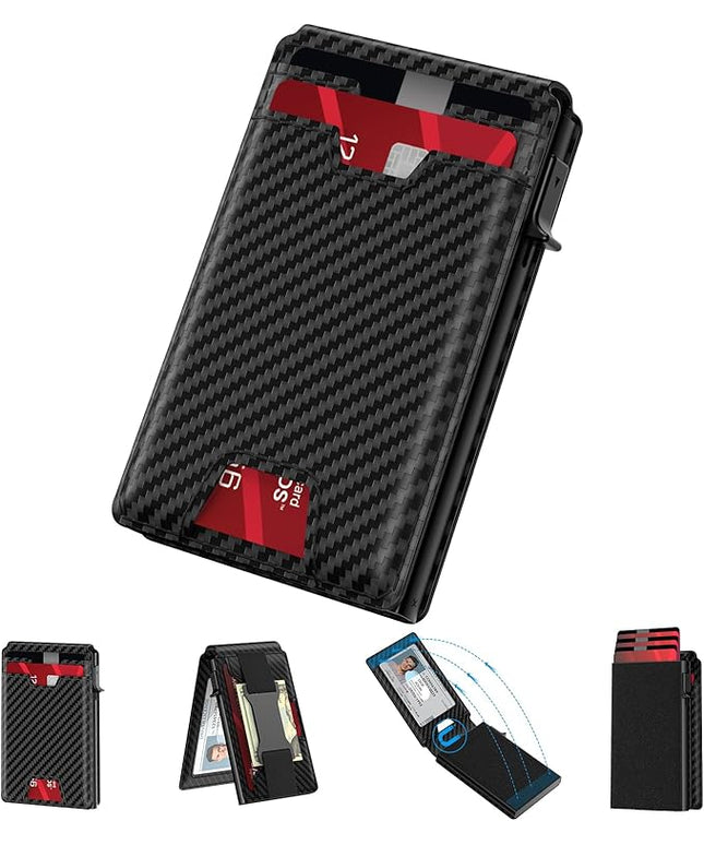 typecase Mens Wallet Card Holder: Pop Up Card Case, Genuine Leather, RFID Blocking, Smart, Slim, Minimalist, Thin - 13 Card Capacitiy, ID Window, Cash Strap (Carbon Fiber)