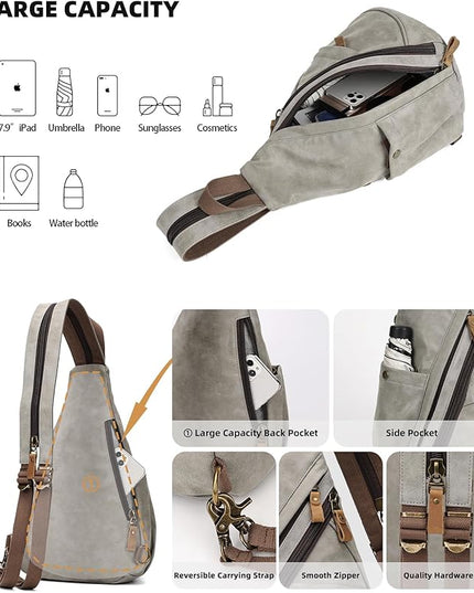 KL928 PU Leather Sling Bag - Small Crossbody Backpack Shoulder Casual Daypack Rucksack for Men Women(Leaden)