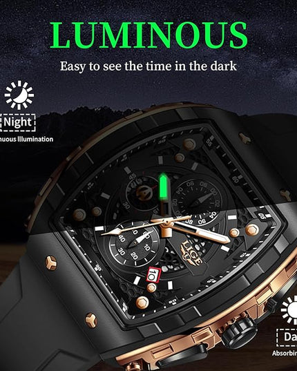 Mens Watches,Unique Rectangular Quartz Analog Watch,Outdoor Sports Multi-Function Watch,Chronograph/Waterproof/Luminous/Calendar,Durable Silicone Strap Mens Casual Watches
