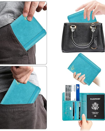 WALNEW Passport Holder for Travel, RFID Passport Cover Wallet for Women Men, PU Leather Passport Book Card Holder Case with Pen (Elastic Band Closure, C-Blue)