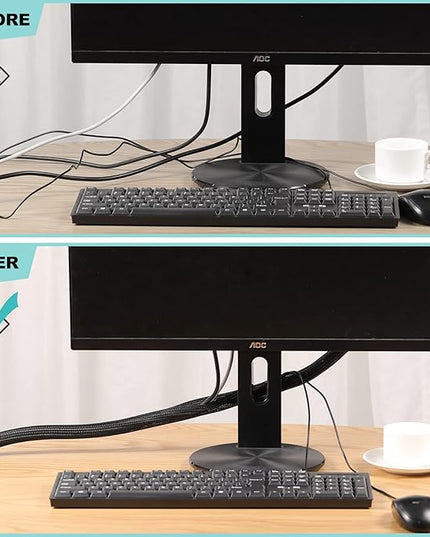 AGPTEK Cable Sleeve Cover, 2 Pack 5ft - 1.2 inch Desk Cord Organizer Cable Hider, Home Office Wire Management Computer TV Wire Loom Tubing, Pet Proof Cord Protector, from Cat Dog Chewing, Black