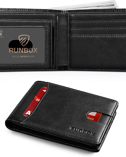 RUNBOX Wallet for Men Slim 11 Credit Card Holder Slots Leather RFID Blocking Small Thin Men's Wallet Bifold Minimalist Front Pocket Large Capacity Gift Box