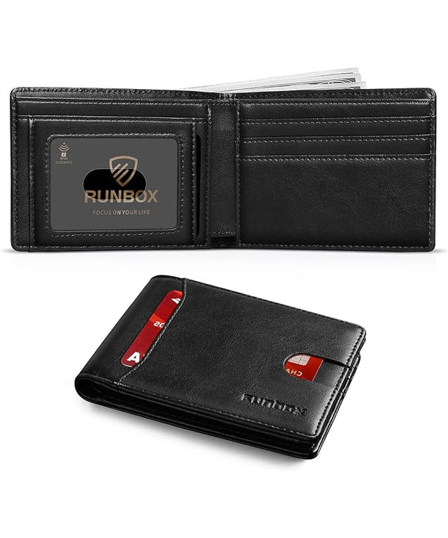 RUNBOX Wallet for Men Slim 11 Credit Card Holder Slots Leather RFID Blocking Small Thin Men's Wallet Bifold Minimalist Front Pocket Large Capacity Gift Box