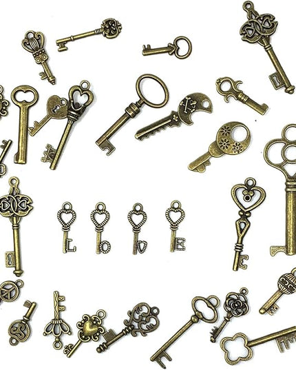 125 PCS Vintage Skeleton Key Set Charms, JIALEEY Mixed Antique Style Bronze Brass for Pendant DIY Jewelry Making Wedding Party Favors