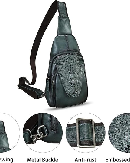 Genuine Leather Sling Bag Embossed Crocodile Pattern Leather Crossbody Sling Backpack Handmade Chest Purse Daypack (Darkgrey)