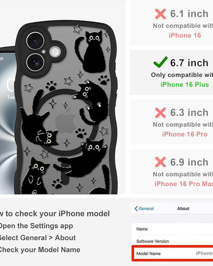 Cute Case for iPhone 16 Plus Case [Compatible with MagSafe] with Kawaii Black Cats Cat Print Pattern Design for Women Girls, Soft Wavy Edge Anti-Slip Animal Magnetic Protective Phone Cover