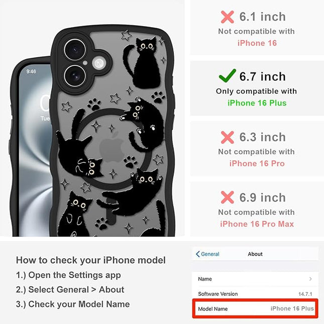 Cute Case for iPhone 16 Plus Case [Compatible with MagSafe] with Kawaii Black Cats Cat Print Pattern Design for Women Girls, Soft Wavy Edge Anti-Slip Animal Magnetic Protective Phone Cover