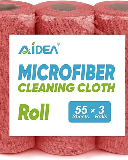 AIDEA Microfiber Cleaning Cloth, 165 Sheets(3 Roll), Micro Fiber Cloth for Cleaning Car, Reusable Paper Towels, Red Shop Rags for Automotive, Mechanic, Workshops, House,11×9"