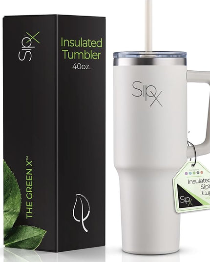 SIPX™ 40 oz Insulated Tumbler with Handle & Straw – Vacuum Insulated Stainless Steel, Leakproof, Cupholder Friendly – Perfect for Iced Coffee, Water & Travel – White