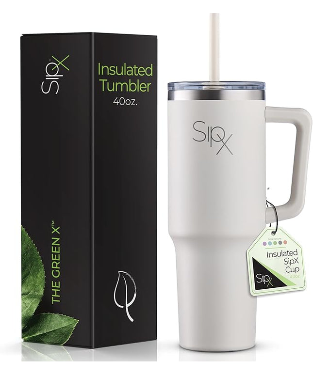 SIPX™ 40 oz Insulated Tumbler with Handle & Straw – Vacuum Insulated Stainless Steel, Leakproof, Cupholder Friendly – Perfect for Iced Coffee, Water & Travel – White