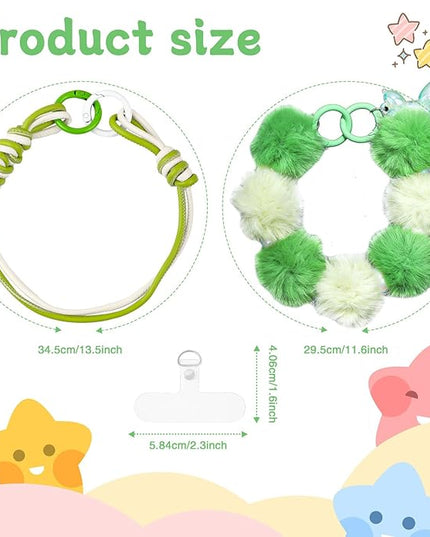 2 Pcs Phone Charm Wrist Strap with Tether Tab, Double Anti Lost Fluff Ball Beaded Wrist Lanyard, Detachable Leather Phone Charms for Bag, Key Chains, Camera Decor