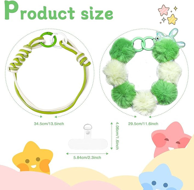 2 Pcs Phone Charm Wrist Strap with Tether Tab, Double Anti Lost Fluff Ball Beaded Wrist Lanyard, Detachable Leather Phone Charms for Bag, Key Chains, Camera Decor