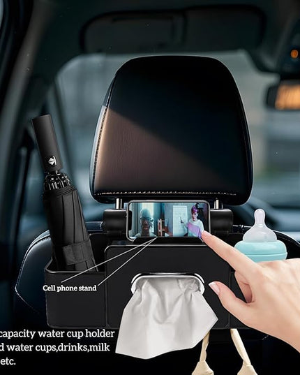 Car Back Seat Organizer with Tissue, Car Seat Back Tissue Box and Storage Hook, Multifunctional Car Organizer for Hold Phone,Drinks,Handbag,Compatible with Most Vehicles (Black)