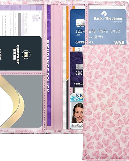 Car Registration and Insurance Holder with Magnetic Closure, Universal Document Organizer for License, Insurance Cards & Glove Box Storage (Heart-Pink)