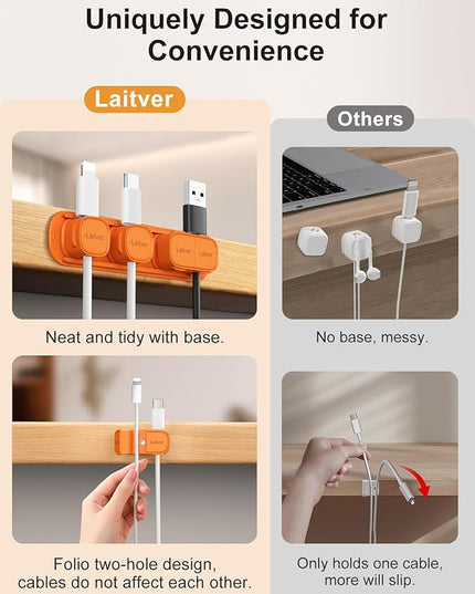 6 Pack Magnetic Cable Clips [1s Open/Lock], Laitver Cord Organizer Holder Strong Adhesive Desk Cable Management- Organize Charging Cords Neatly for Home, Office, Car,Desk, Nightstand-Orange