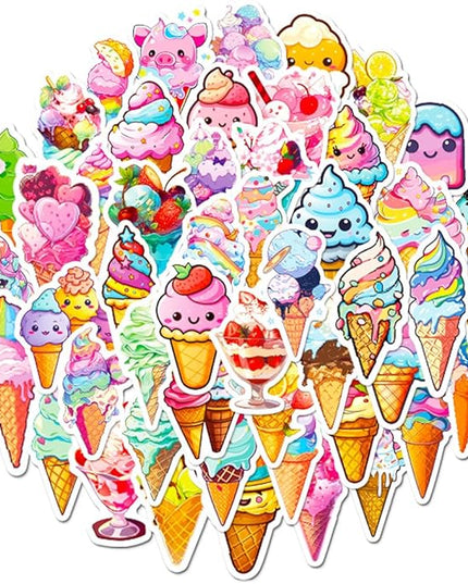 Ice Cream Cone Vinyl Stickers for Kids Girls Boys|100 Pcs| Popular Waterproof Stickers for Laptop Water Bottle Phone Cup Tablet Luggage Car Flasks Scrapbook, Cartoon Decals Pack(Ice Cream Cone-50Pcs)