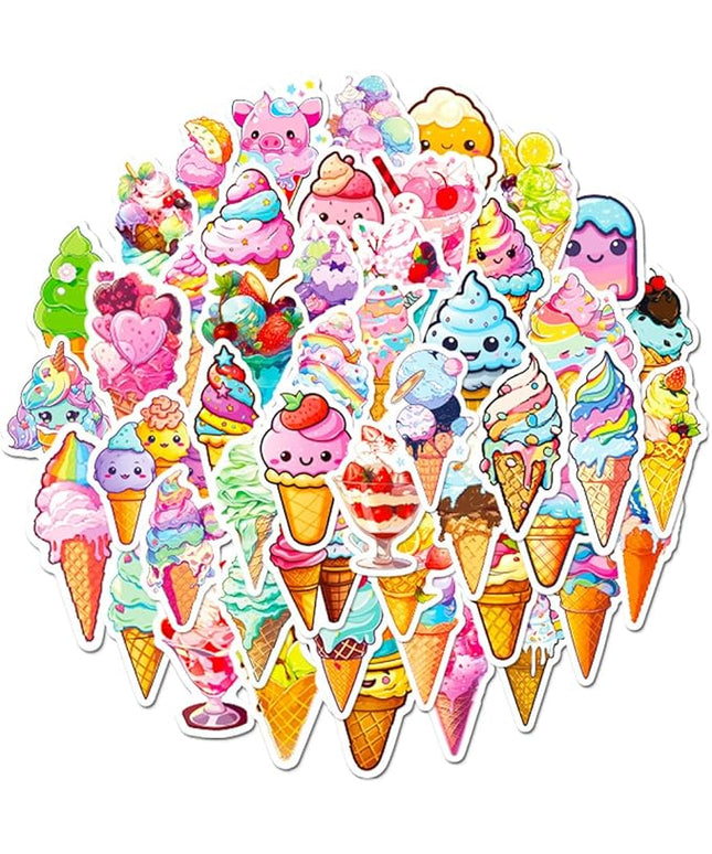 Ice Cream Cone Vinyl Stickers for Kids Girls Boys|100 Pcs| Popular Waterproof Stickers for Laptop Water Bottle Phone Cup Tablet Luggage Car Flasks Scrapbook, Cartoon Decals Pack(Ice Cream Cone-50Pcs)