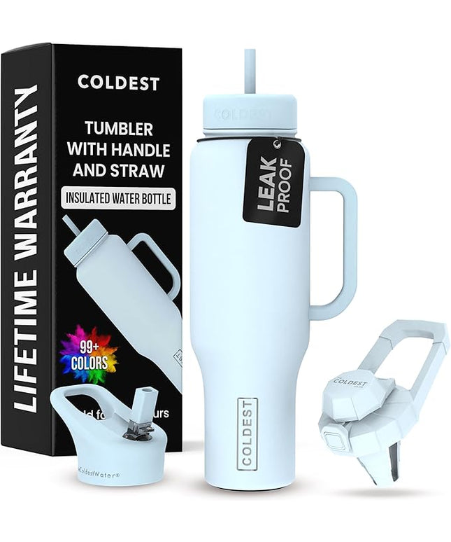Coldest Tumbler with Handle and Straw - 100% Leak Proof Insulated Tumbler with Lid and Straw (3 Lids) - Stainless Steel Tumblers for Women & Men - Cup Holder Friendly Base, 46 oz (Morning Mist)