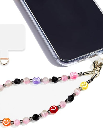 Marble Beaded Phone Wrist Strap,Detachable Phone Bracelet Strap with Tether Tab,Hands-Free Wristlet Strap (Colorful Smiley Face)