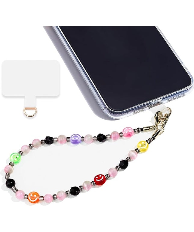 Marble Beaded Phone Wrist Strap,Detachable Phone Bracelet Strap with Tether Tab,Hands-Free Wristlet Strap (Colorful Smiley Face)