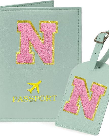 COSHAYSOO Initial Passport Cover Luggage Tag Set Letter Passport Holder Airplane Cruise Travel Essentials Vacation Traveling Accessories Personalized Gifts for Women Teen College Girls Teal N