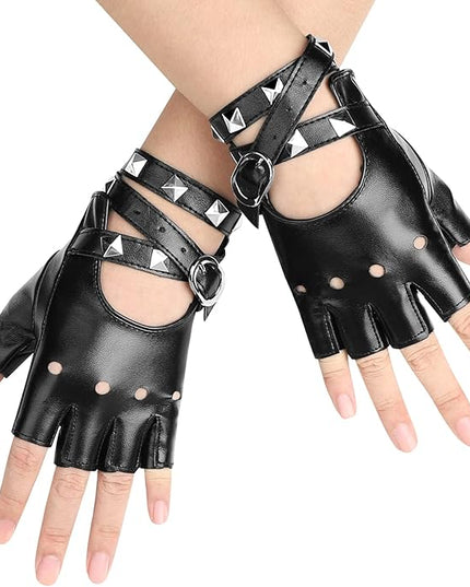 Accmor Leather Punk Gloves Fingerless Gloves for Women Driving Cycling Sports Cosplay Performance Half Finger Gloves for Women Teens Kids