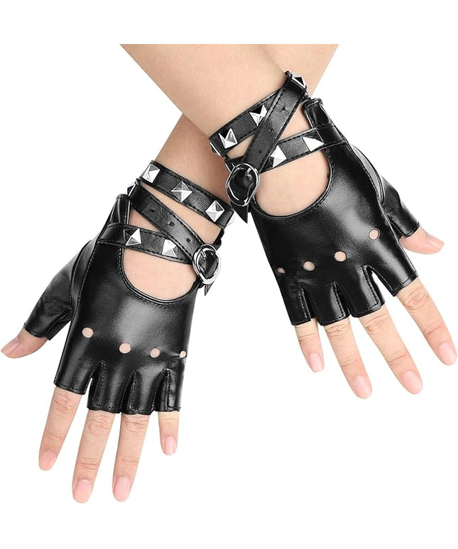 Accmor Leather Punk Gloves Fingerless Gloves for Women Driving Cycling Sports Cosplay Performance Half Finger Gloves for Women Teens Kids