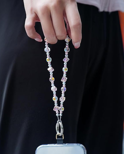 Cell Phone Wrist Strap Crystal Beaded Phone Bracelet Strap For Women Sparkling Beads Wristlet Lanyard Beaded Chain (Sakura Pink)