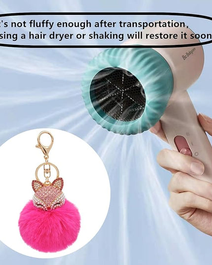 Faux Rabbit Fur Ball Pom Pom Keychain with Fox Head Studded with pearl Rhinestone for Womens Bag Car Key Decoration