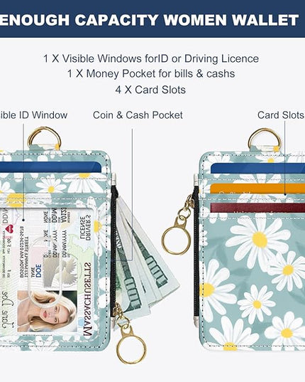 Slim Wallet Credit Card Holder, White Daisy L, RFID Wallet Women Cute Small Front Pocket Wallet With Zipper, PU Leather Thin travel RFID Blocking Card Case ID Window,Ladies Gifts