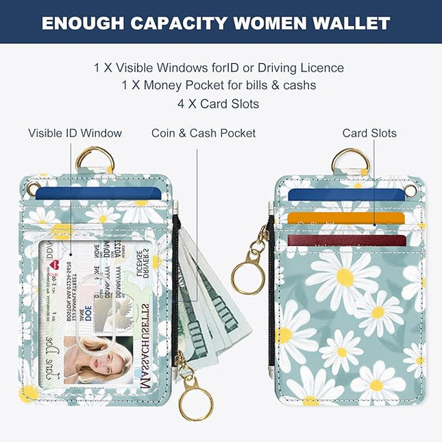 Slim Wallet Credit Card Holder, White Daisy L, RFID Wallet Women Cute Small Front Pocket Wallet With Zipper, PU Leather Thin travel RFID Blocking Card Case ID Window,Ladies Gifts