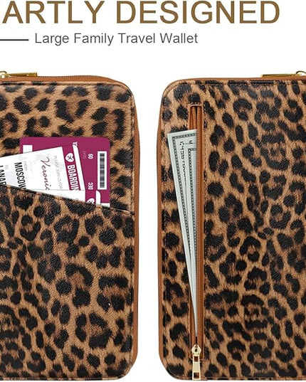 Family Passport Holder Wallet RFID Blocking Document Organizer PU Leather Mulit-purpose Travel Wallet Credit Cards Case for Women Men, Leopard
