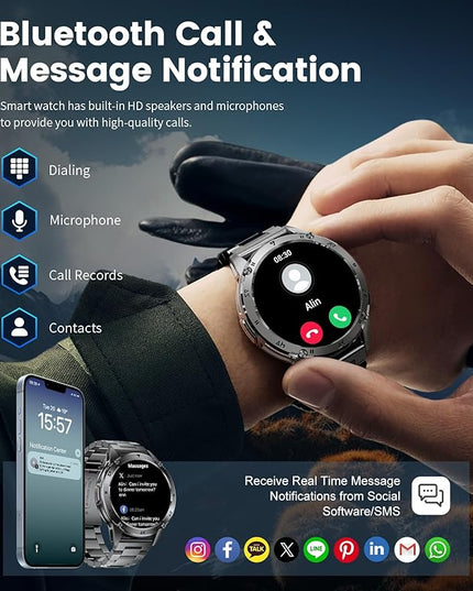 LIGE Military Smart Watch for Men iPhone Android 1.43" HD Amoled Rugged 110+ Sport Modes IP68 Waterproof Answer/Make Call Fitness Running Heart Rate Blood Pressure Health Mens Smartwatch