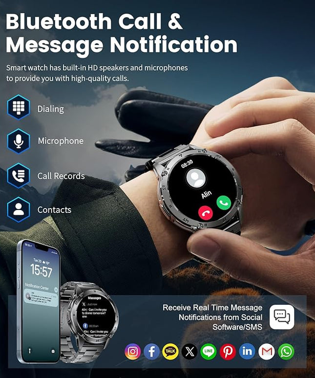 LIGE Military Smart Watch for Men iPhone Android 1.43" HD Amoled Rugged 110+ Sport Modes IP68 Waterproof Answer/Make Call Fitness Running Heart Rate Blood Pressure Health Mens Smartwatch