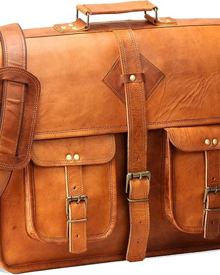 Vintage Leather Laptop Bag for Men Full Grain Large Leather Messenger bag for men 18 inches with rustic look Brown briefcase (Tan)