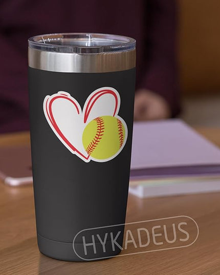 (3Pcs) Softball Stickers Waterproof Vinyl Softball Heart Decals for Water Bottle, Tumbler, Laptop, Phone Case, Poster Board, Scrapbooking, Team Players, Coach, 3" x 2.8"
