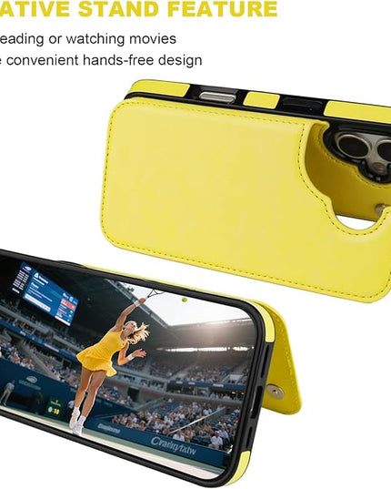 ONETOP Compatible with iPhone 17 Wallet Case with Card Holder, PU Leather Kickstand Card Slots Case, Double Magnetic Clasp and Durable Shockproof Cover 6.1 Inch (Yellow)