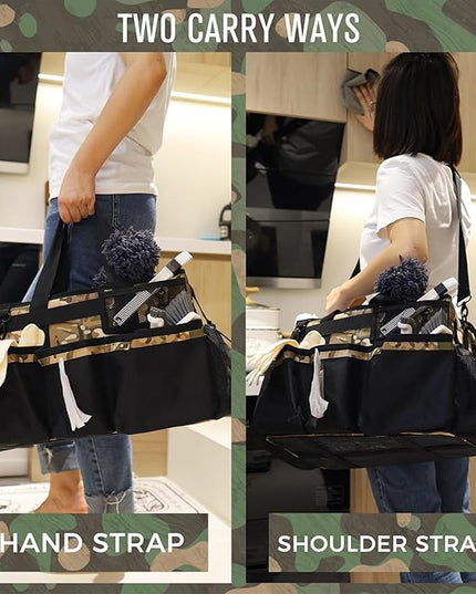 Wearable Cleaning Caddy Organizer with Handle & Shoulder Straps for Housekeepers, Under Sink & Car Cleaning Tool Organizer Bag with 4 Foldable Dividers (Camouflage)