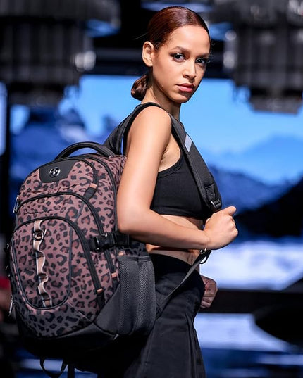 Swissdigital Laptop Backpack with USB Charging Port, Travel Backpack Fits 15.6 inches Computer, 31L Backpack for Men and Women, Brown Leopard | SD803-103