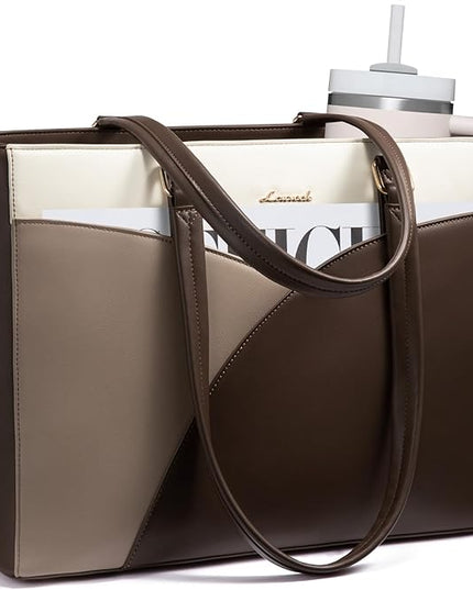 LOVEVOOK Laptop Bag for Women,15.6 Inch Work Teacher Bags Leather Tote Bag for Women Briefcase for Women Waterproof Computer Bag for Women，White Chestnut Curry