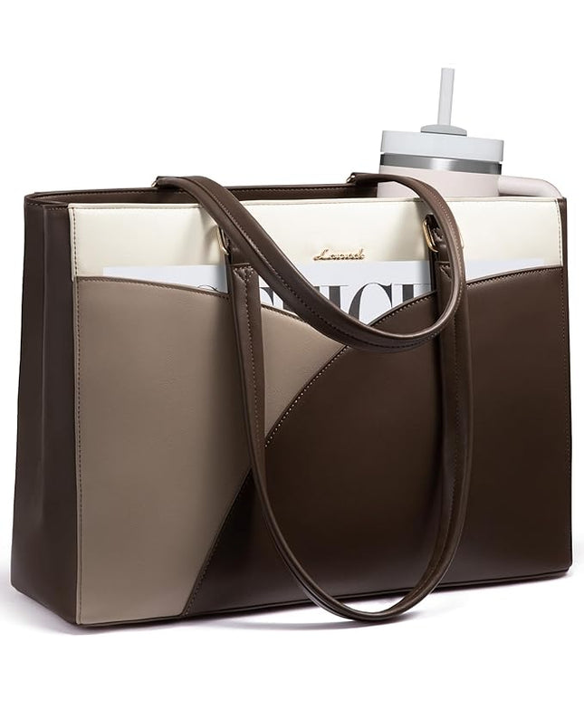 LOVEVOOK Laptop Bag for Women,15.6 Inch Work Teacher Bags Leather Tote Bag for Women Briefcase for Women Waterproof Computer Bag for Women，White Chestnut Curry