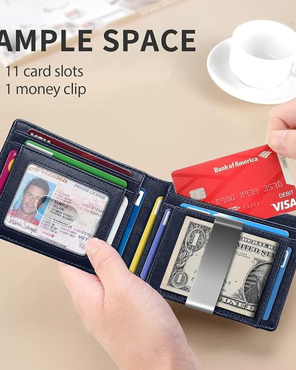 RUNBOX Slim Money Clip Wallets for Men RFID Blocking 11 Card Holder Minimalist Small Leather Bifold Men's Front Pocket Wallet Gift Box