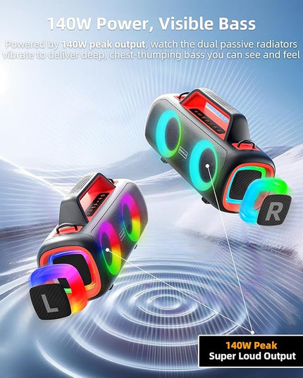 Portable Bluetooth Speaker Wireless,140W Peak Loud Sound with 2 Subwoofers and 2 Tweeters, Plus Bass Boost, IP65 Waterproof Outdoor Speaker, 24H Playtime, RGB Lights, TF/AUX/USB/Mic Input, Large Party
