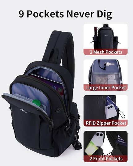 ECOHUB Anti-Theft Crossbody Bag Men Women, RFID Blocking Lightweight Sling Backpack Eco-Friendly with 9 Pockets Sturdy SBS Zippers Water Resistant for Travel Work Hiking Outdoor, Black