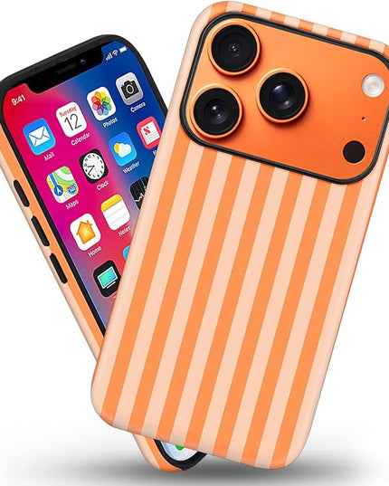 Magnetic for iPhone 17 Pro Case Cute Stripes Phone Case, Shockproof Slim TPU and Hard PC Protective Phone Cover Compatible with MagSafe Designed for Women Girls, Orange