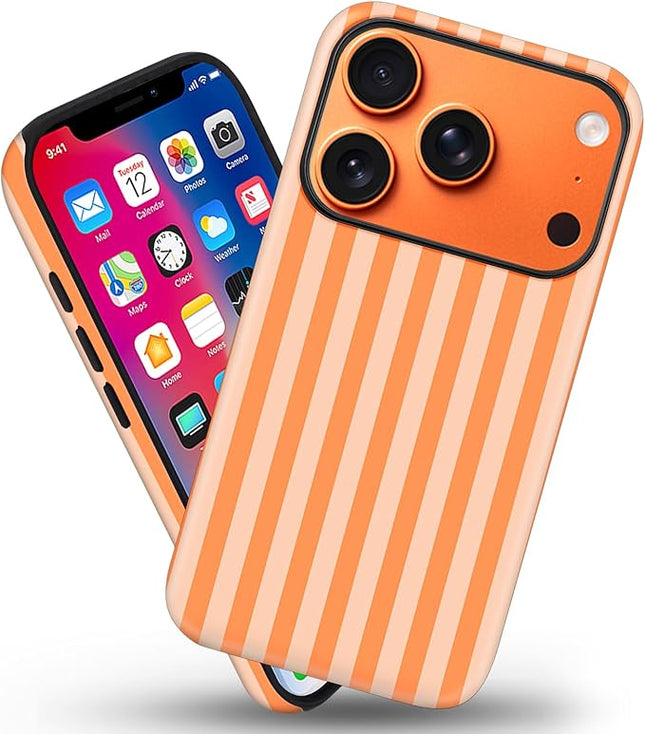 Magnetic for iPhone 17 Pro Case Cute Stripes Phone Case, Shockproof Slim TPU and Hard PC Protective Phone Cover Compatible with MagSafe Designed for Women Girls, Orange