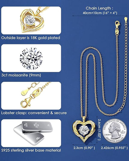 Beam & Bask 2-3 Ct Moissanite Heart Necklaces for Women, 18K Gold Plated Romantic Pendant for Anniversary Birthday, 925 Sterling Silver Jewelry for Wife Girlfriend Mom Her